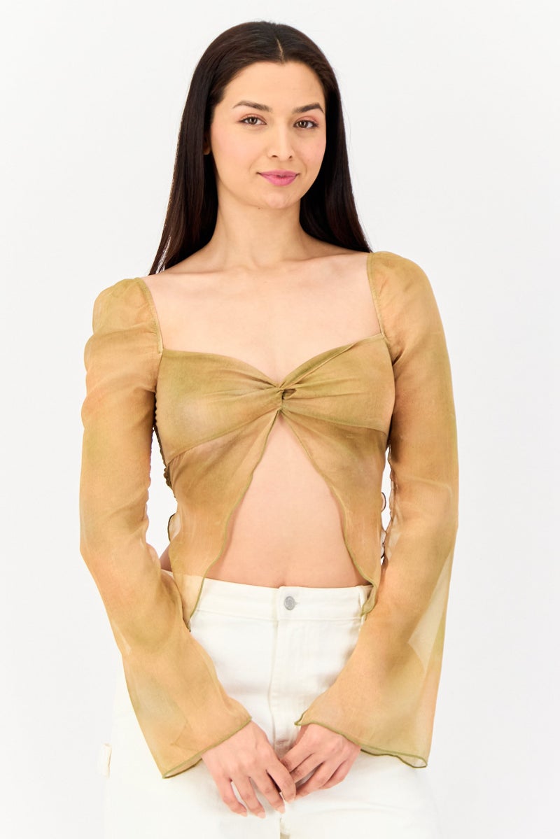 Bershka بلوزة قصيرة بأكمام طويلة وشكل قلب للنساء، متعددة الألوان - Image 1