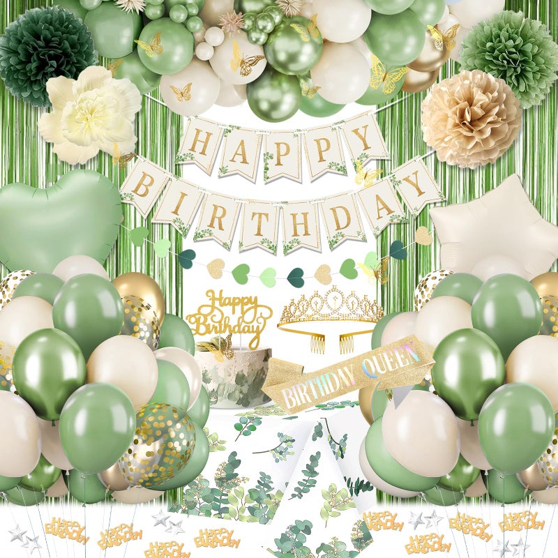 Fantspati Sage Green Birthday Decorations for Women Girls Beige Gold Green Balloons Birthday Sash Crown Tablecloth Happy Birthday Banner Butterfly Cake Topper Olive Neutral Boho Bday Party Decorations - Image 3