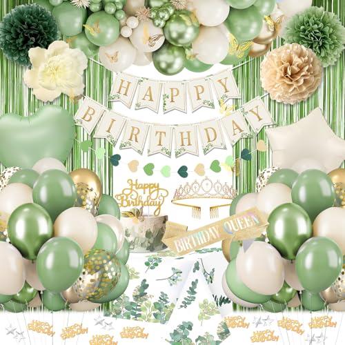 Fantspati Sage Green Birthday Decorations for Women Girls Beige Gold Green Balloons Birthday Sash Crown Tablecloth Happy Birthday Banner Butterfly Cake Topper Olive Neutral Boho Bday Party Decorations - Image 1
