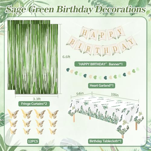 Fantspati Sage Green Birthday Decorations for Women Girls Beige Gold Green Balloons Birthday Sash Crown Tablecloth Happy Birthday Banner Butterfly Cake Topper Olive Neutral Boho Bday Party Decorations - Image 5