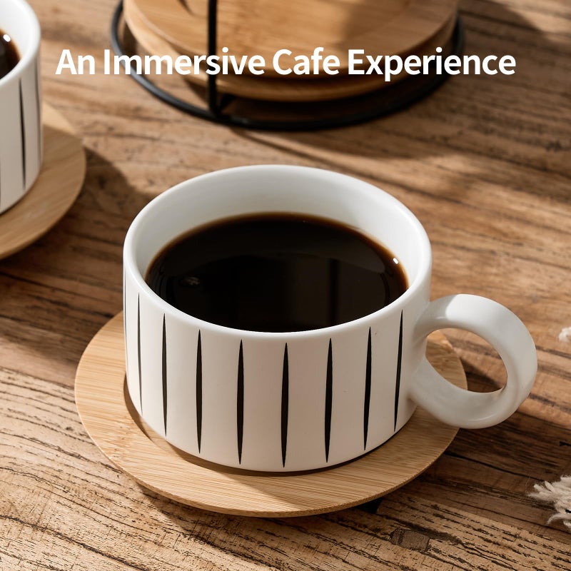 LUKA 6 Ounce Porcelain Stackable Espresso Cups with Saucers and Metal Stand Set of 4, Ceramic Cappuccino Cups Set for Specialty Coffee Drinks, Latte, Cafe Mocha and Tea, Stripes, White - Image 3