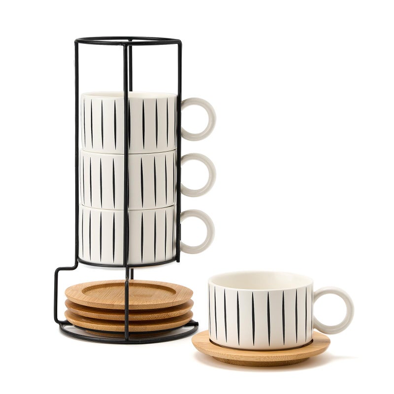 LUKA 6 Ounce Porcelain Stackable Espresso Cups with Saucers and Metal Stand Set of 4, Ceramic Cappuccino Cups Set for Specialty Coffee Drinks, Latte, Cafe Mocha and Tea, Stripes, White - Image 1