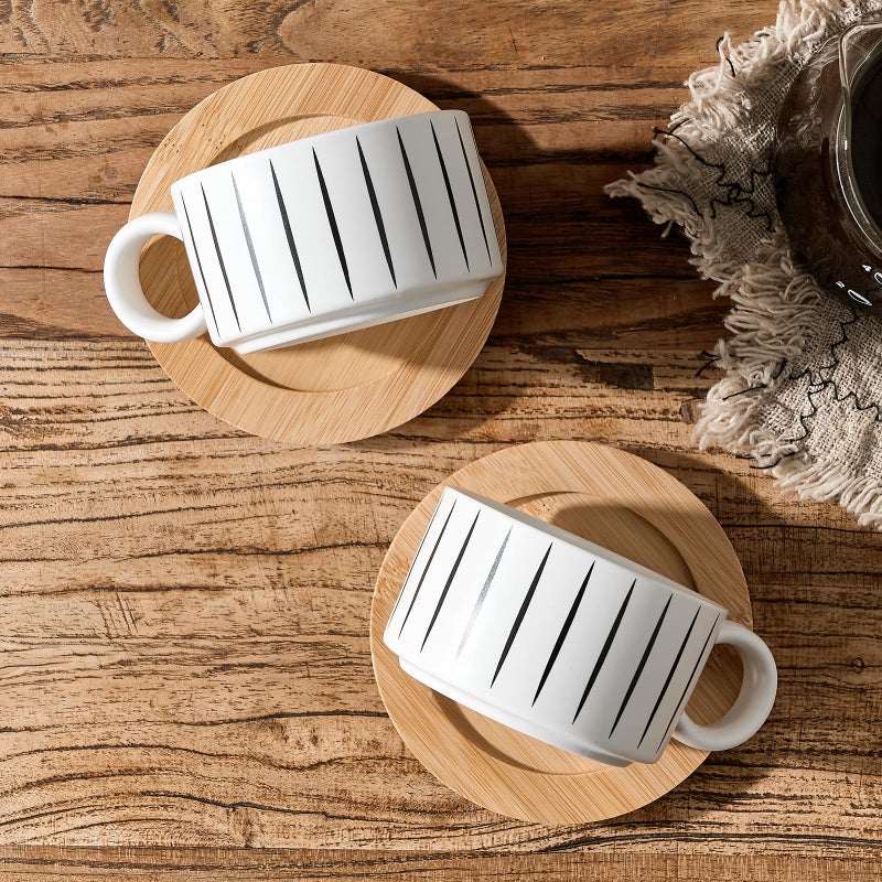 LUKA 6 Ounce Porcelain Stackable Espresso Cups with Saucers and Metal Stand Set of 4, Ceramic Cappuccino Cups Set for Specialty Coffee Drinks, Latte, Cafe Mocha and Tea, Stripes, White - Image 5