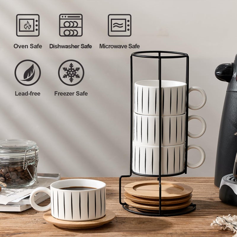 LUKA 6 Ounce Porcelain Stackable Espresso Cups with Saucers and Metal Stand Set of 4, Ceramic Cappuccino Cups Set for Specialty Coffee Drinks, Latte, Cafe Mocha and Tea, Stripes, White - Image 4