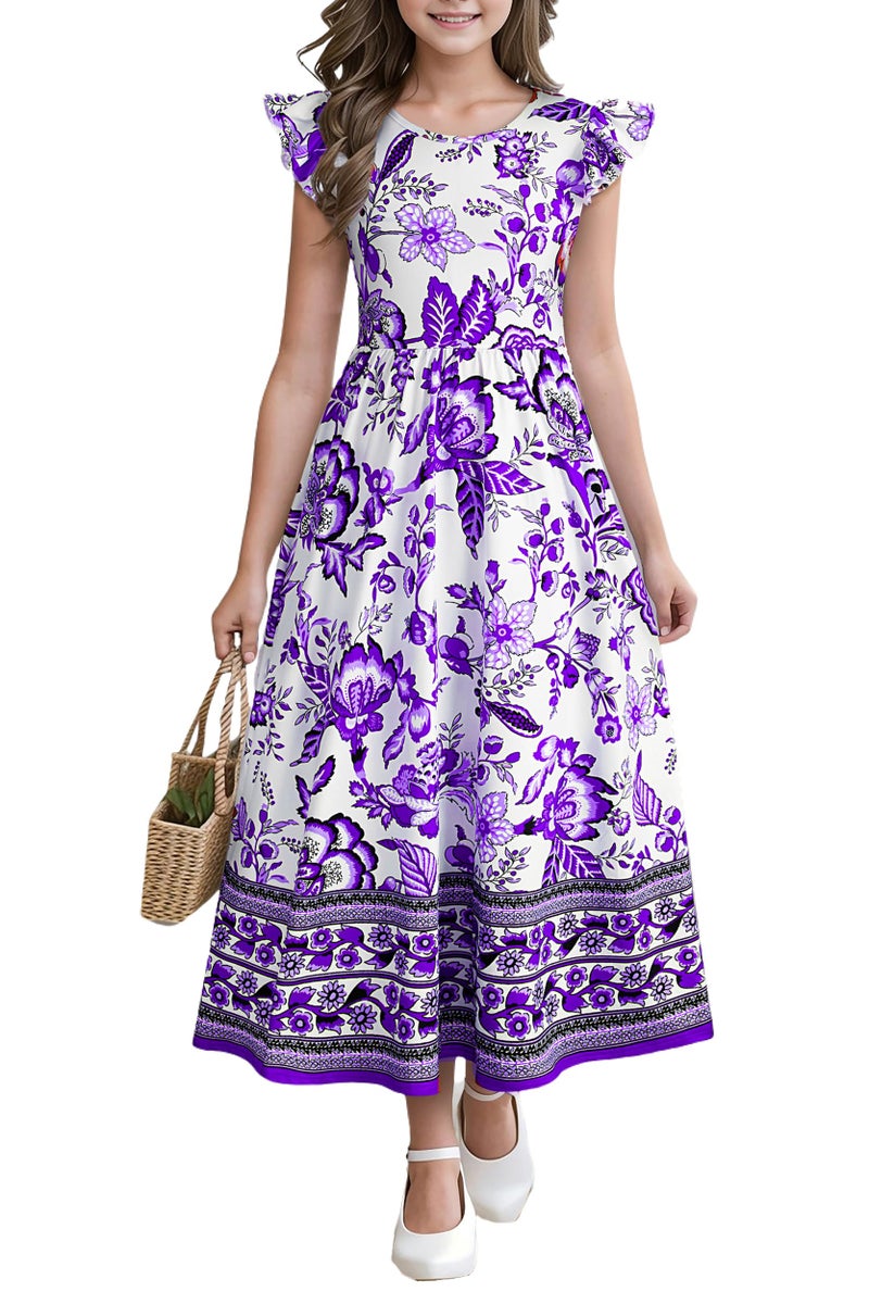 Kilottor Girl's Dress Summer Boho Floral Flutter Sleeve Party Casual A Line Vacation Maxi Dress 9-14 Years (Purple, 11-12 Years) - Image 1