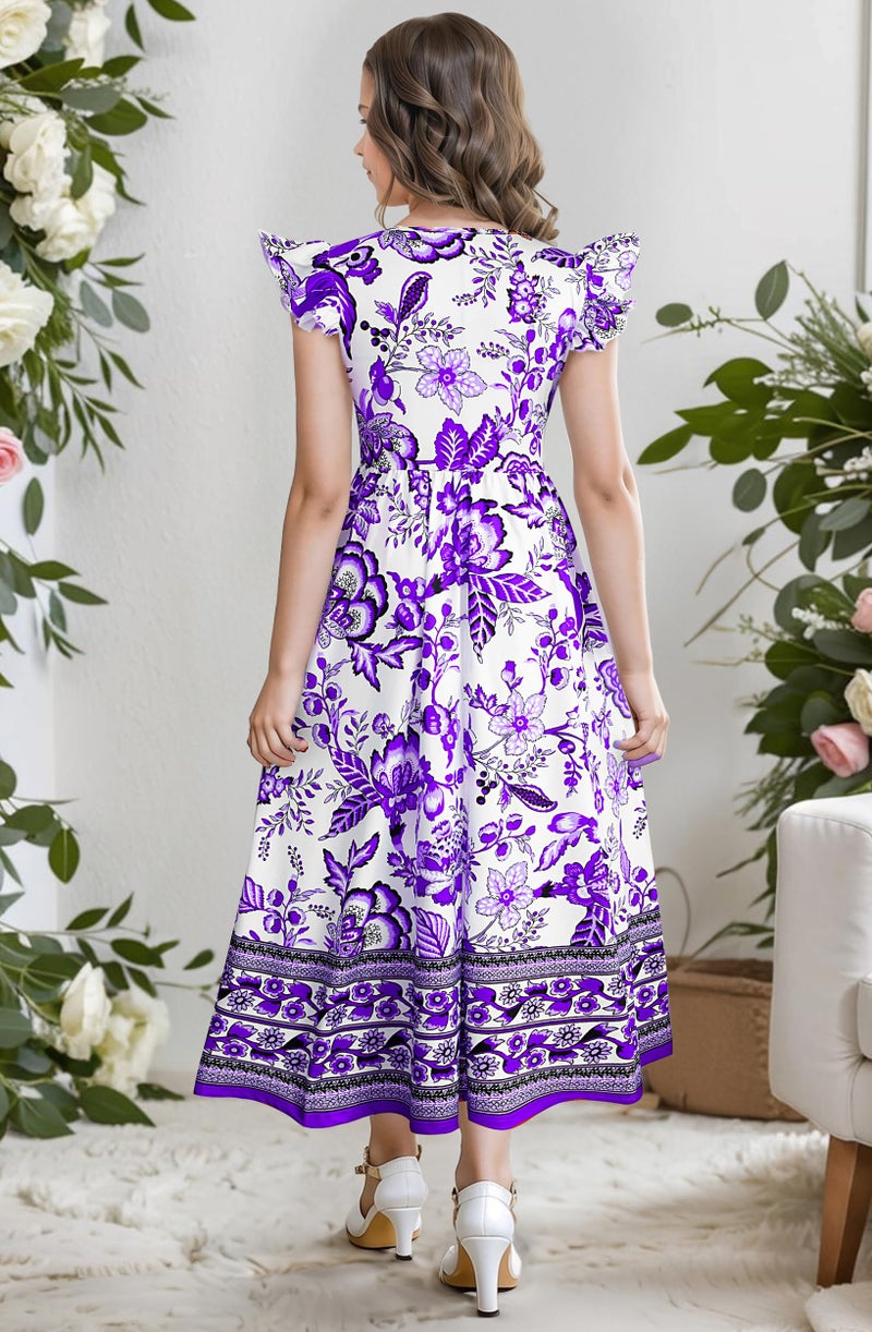 Kilottor Girl's Dress Summer Boho Floral Flutter Sleeve Party Casual A Line Vacation Maxi Dress 9-14 Years (Purple, 11-12 Years) - Image 3