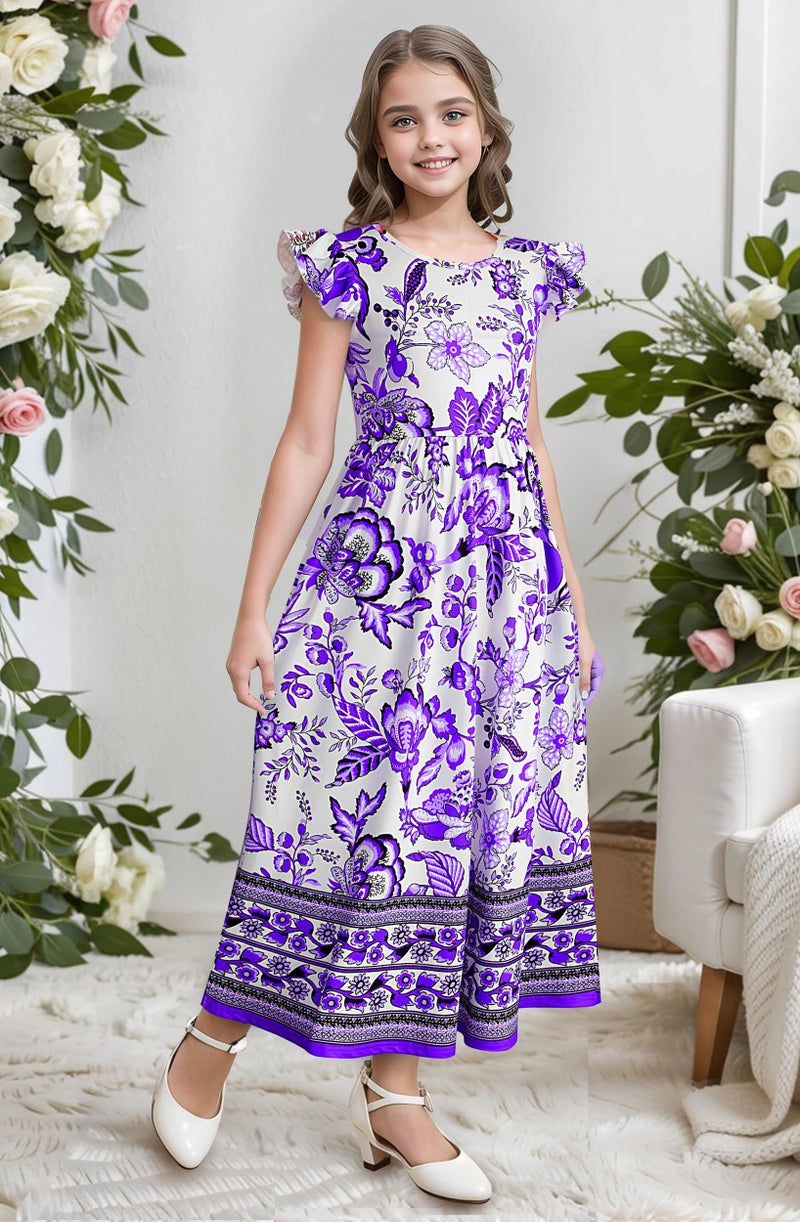 Kilottor Girl's Dress Summer Boho Floral Flutter Sleeve Party Casual A Line Vacation Maxi Dress 9-14 Years (Purple, 11-12 Years) - Image 2