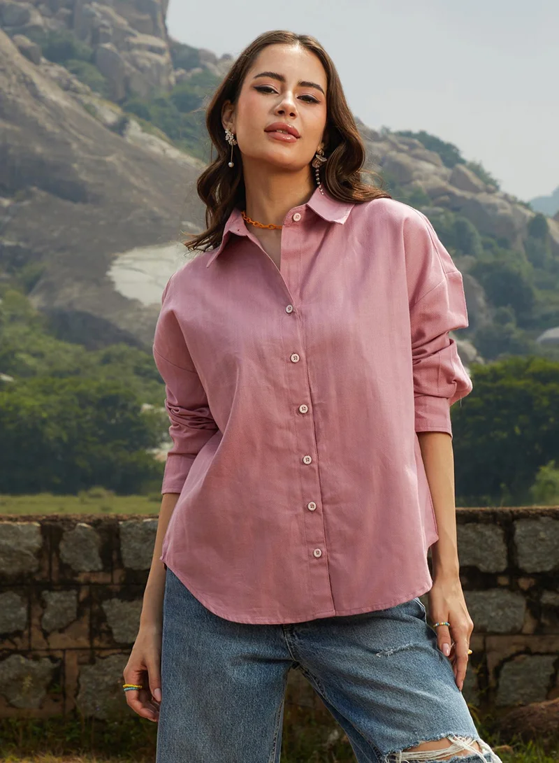 Campus Sutra Women's Salmon Pink Self-Design Striped Shirt For Casual Wear | Spread Collar | Long Sleeve | Button Closure | Oversized Shirt Crafted With Comfort Fit For Everyday Wear