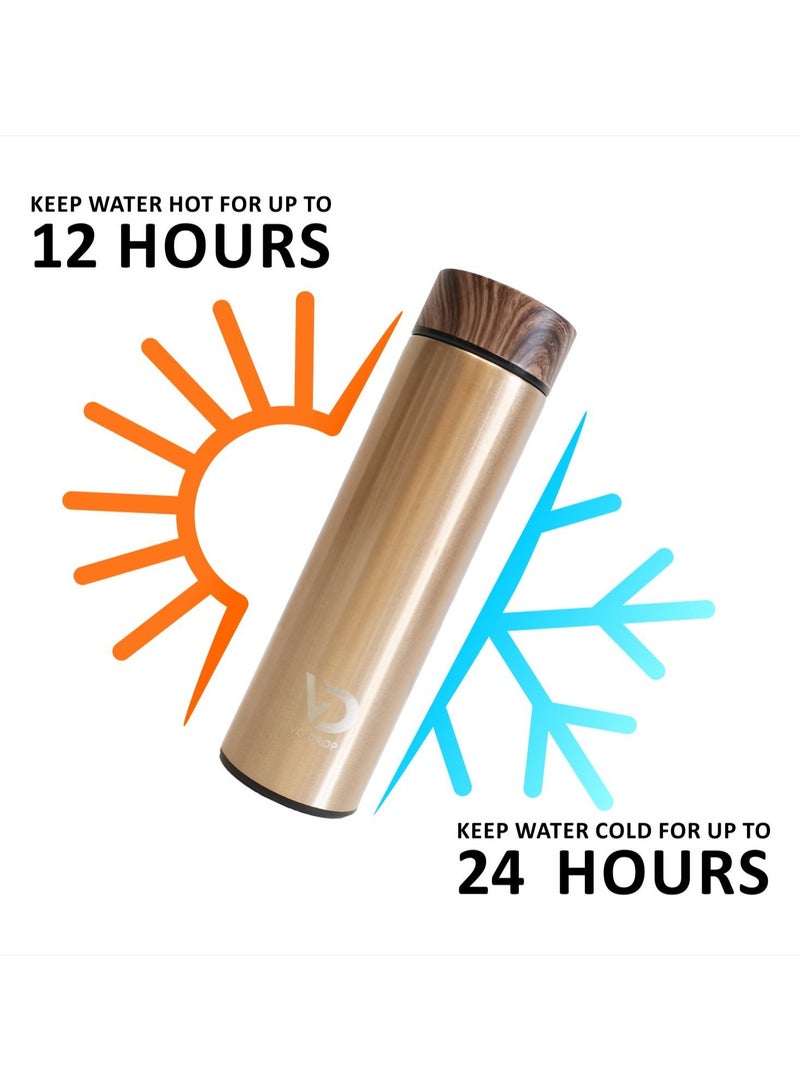 Insulated Water Bottle 16OZ Stainless Steel Water Bottles- Water Bottle With Wooden Design lid Water Filter bottle For Travel School Water Bottle Lightweight Water Bottle (Bronze)  - Image 4