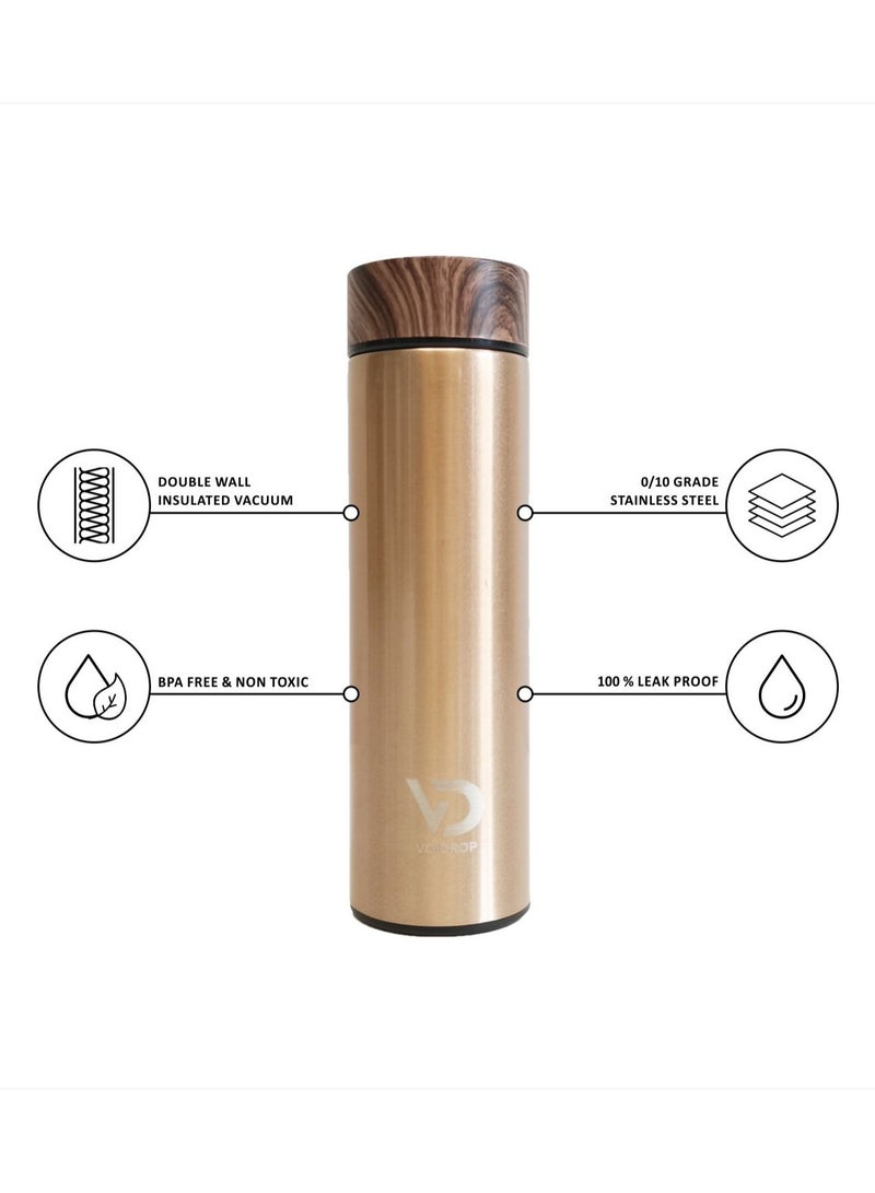 Insulated Water Bottle 16OZ Stainless Steel Water Bottles- Water Bottle With Wooden Design lid Water Filter bottle For Travel School Water Bottle Lightweight Water Bottle (Bronze)  - Image 3
