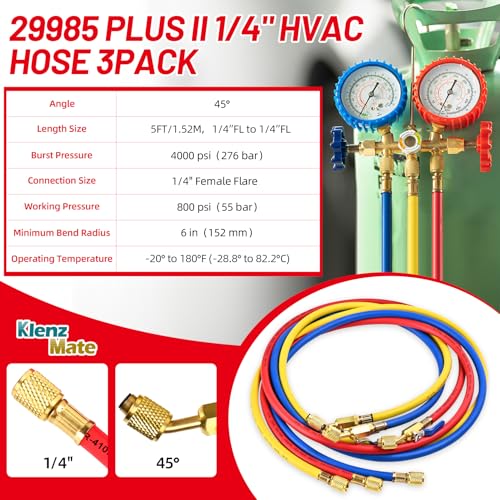 KlenzMate 2025 New 29985 Plus II 1/4"HVAC Hose, 60" (5FT),with Compact Ball Valve, Refrigerant Hose with Standard 1/4" Flare Fittings, For Common Refrigerants, Red/Yellow/Blue, (Pack of 3) - Image 4