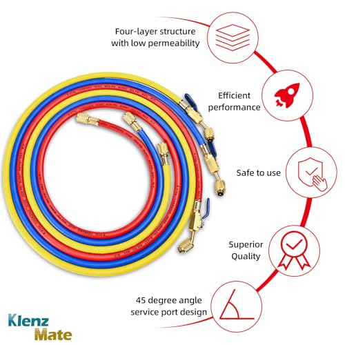 KlenzMate 2025 New 29985 Plus II 1/4"HVAC Hose, 60" (5FT),with Compact Ball Valve, Refrigerant Hose with Standard 1/4" Flare Fittings, For Common Refrigerants, Red/Yellow/Blue, (Pack of 3) - Image 2