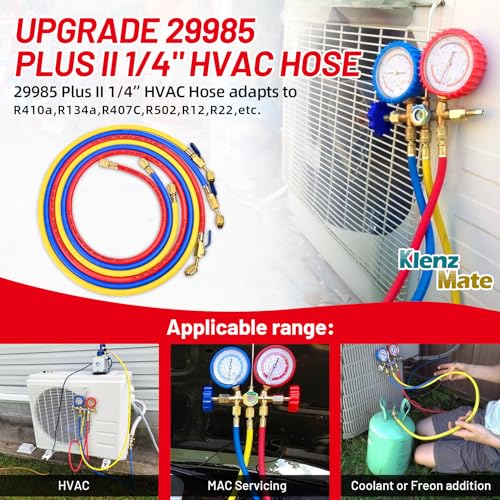 KlenzMate 2025 New 29985 Plus II 1/4"HVAC Hose, 60" (5FT),with Compact Ball Valve, Refrigerant Hose with Standard 1/4" Flare Fittings, For Common Refrigerants, Red/Yellow/Blue, (Pack of 3) - Image 5