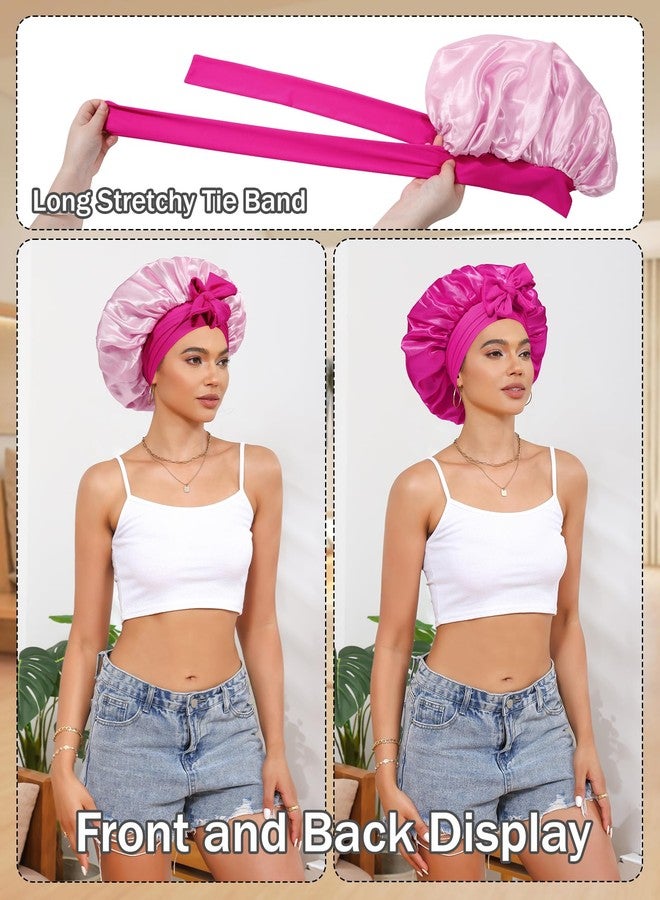 CHLINS Satin Bonnet Silk Bonnet for Sleeping Silk Sleep Cap Double Layer Hair Bonnet with Elastic Tie Band for Curly Hair Night Cap (Rose red+Pink) - Image 2