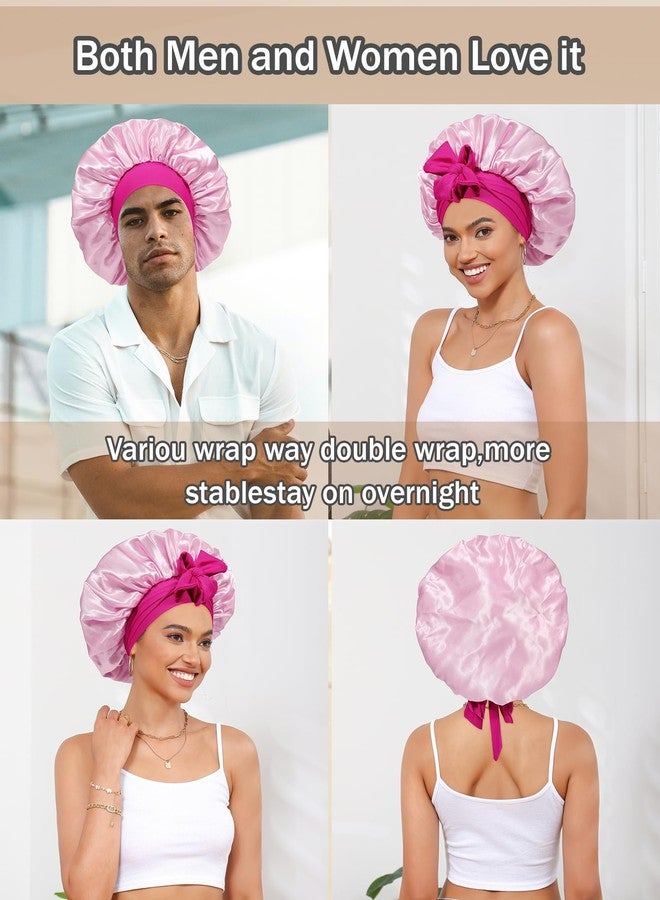 CHLINS Satin Bonnet Silk Bonnet for Sleeping Silk Sleep Cap Double Layer Hair Bonnet with Elastic Tie Band for Curly Hair Night Cap (Rose red+Pink) - Image 4