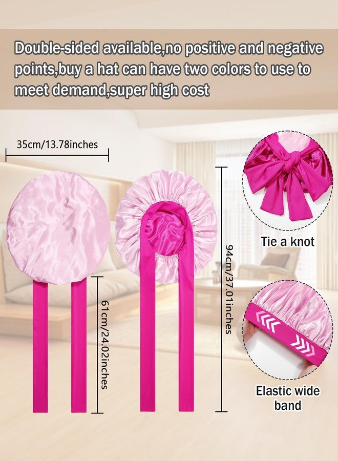 CHLINS Satin Bonnet Silk Bonnet for Sleeping Silk Sleep Cap Double Layer Hair Bonnet with Elastic Tie Band for Curly Hair Night Cap (Rose red+Pink) - Image 3