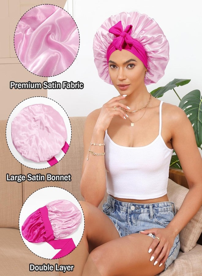 CHLINS Satin Bonnet Silk Bonnet for Sleeping Silk Sleep Cap Double Layer Hair Bonnet with Elastic Tie Band for Curly Hair Night Cap (Rose red+Pink) - Image 5