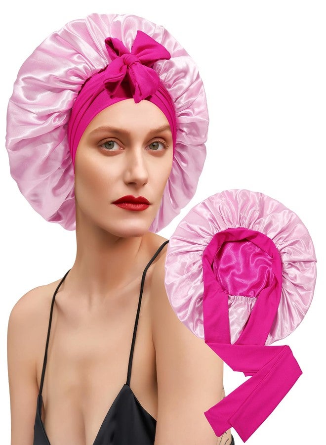 CHLINS Satin Bonnet Silk Bonnet for Sleeping Silk Sleep Cap Double Layer Hair Bonnet with Elastic Tie Band for Curly Hair Night Cap (Rose red+Pink) - Image 1