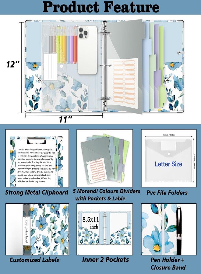 KLLVE 2 Inch 3 Ring Binder Organizer, Three Ring Binder with Clipboard, 5-Tabs Pockets Dividers, Plastic Folder, 18 Divider Stikers, KLLVE Decorative Binder with Pen Loop (Blue Flora, Letter Size) - Image 2