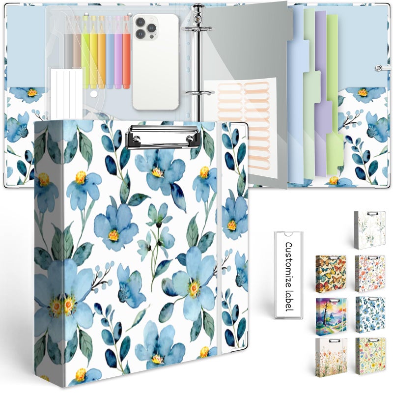 KLLVE 2 Inch 3 Ring Binder Organizer, Three Ring Binder with Clipboard, 5-Tabs Pockets Dividers, Plastic Folder, 18 Divider Stikers, KLLVE Decorative Binder with Pen Loop (Blue Flora, Letter Size) - Image 1