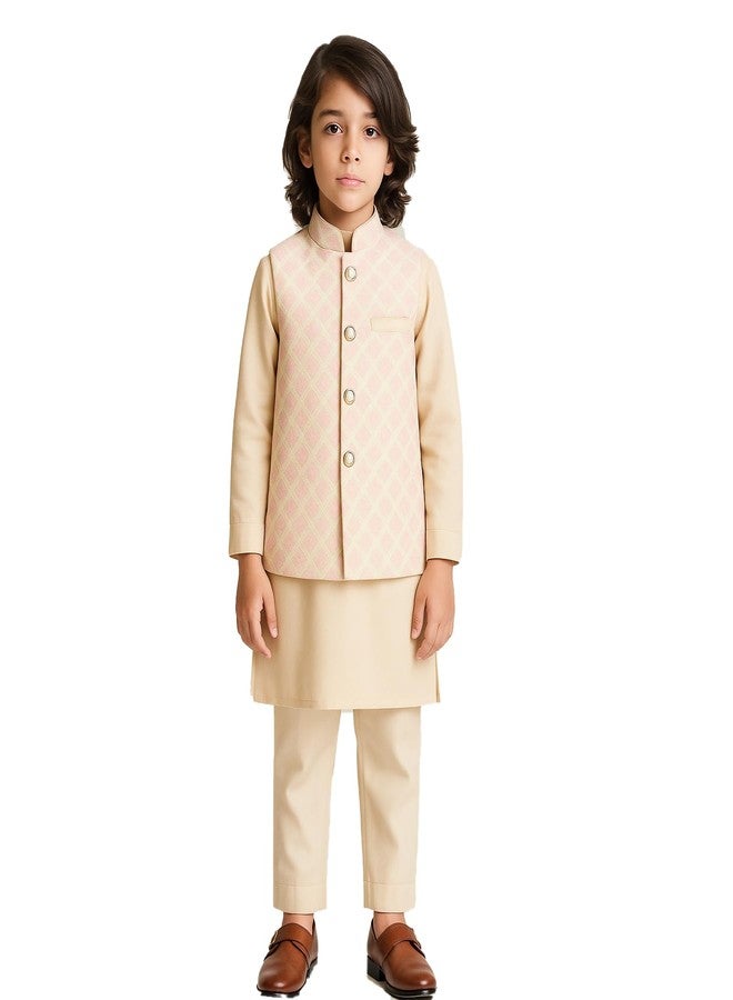 Kidbea® Boys Kurta Pajama with Designer Nehru Jacket | Festive & Ethnic Wear Set for Kids (Pink, 1-2 Years) - Image 1