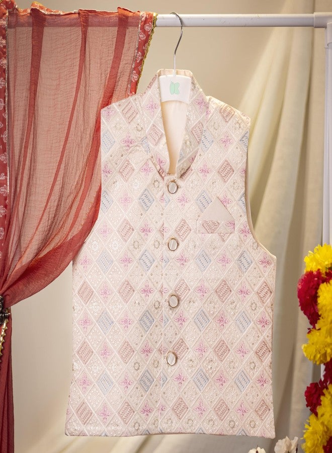 Kidbea® Boys Kurta Pajama with Designer Nehru Jacket | Festive & Ethnic Wear Set for Kids (Pink, 1-2 Years) - Image 2