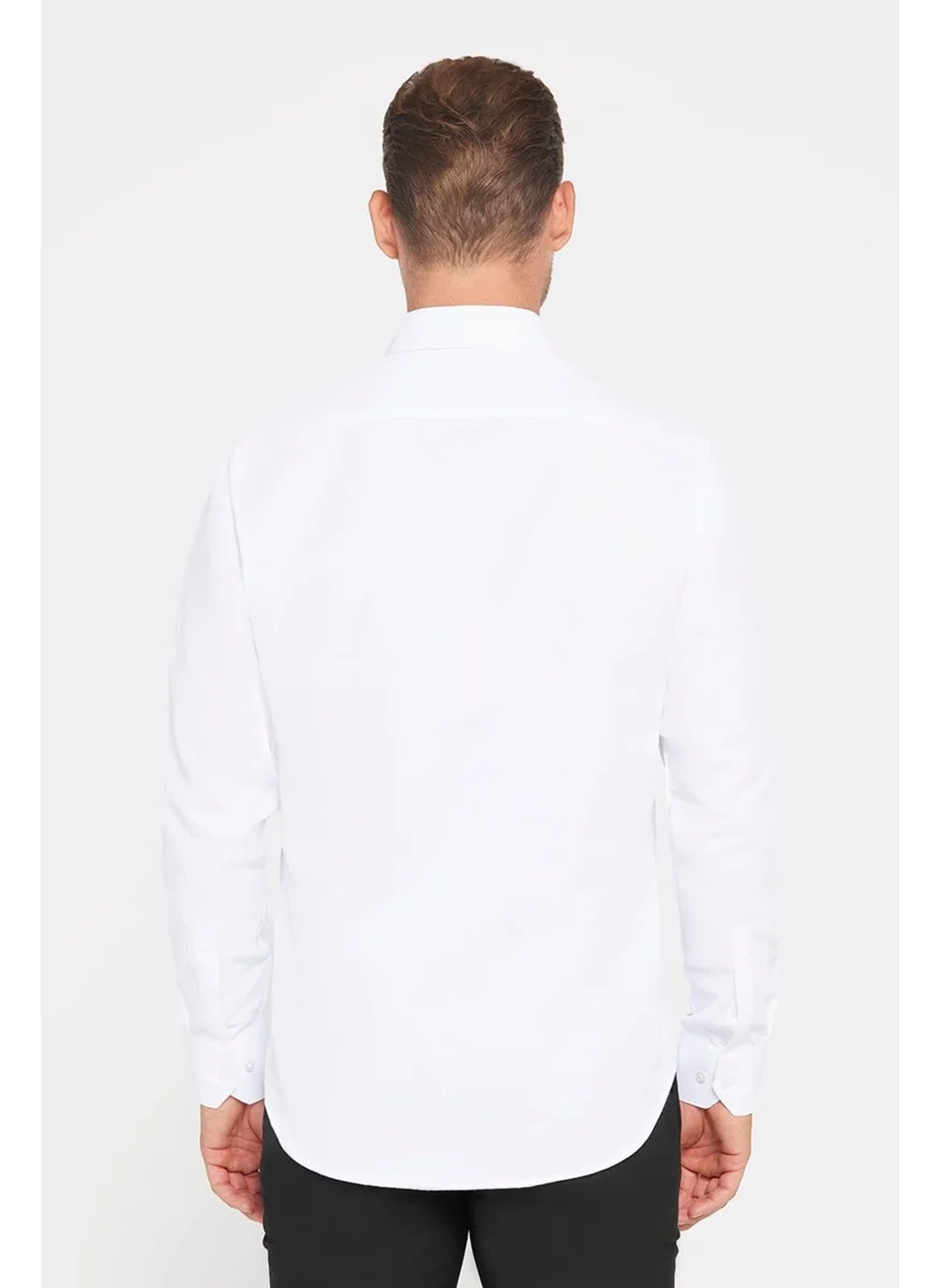 تودورس Classic Fit Long Sleeve Dobby Tie Collar Patterned Men's White Shirt