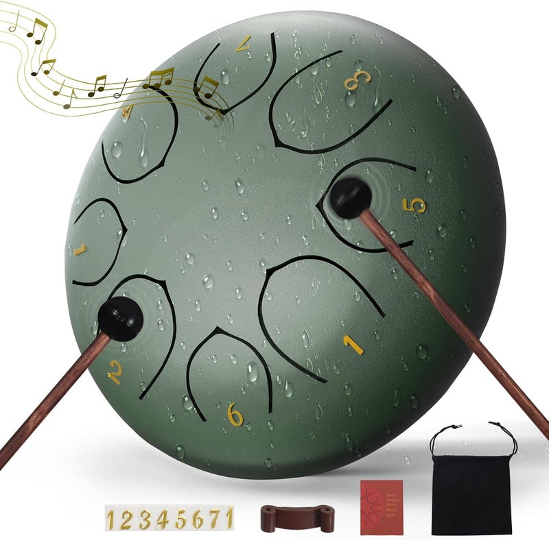 MENGBEI Rain Drum for Outside,6 Inches 8 Notes Rain Drum for Garden Instrument, Drum Rain Chime Waterproof, Chakra Rain Drum Outdoor，with Drum Bag, Music Book, Drum Mallets (Stone Green) - Image 1
