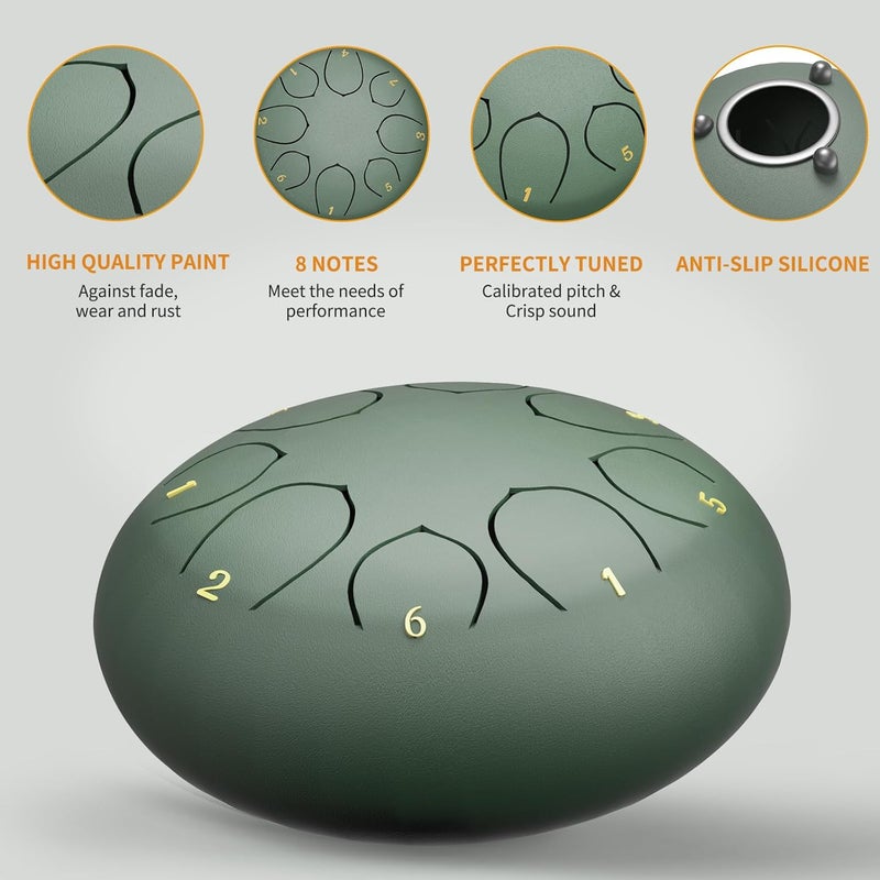 MENGBEI Rain Drum for Outside,6 Inches 8 Notes Rain Drum for Garden Instrument, Drum Rain Chime Waterproof, Chakra Rain Drum Outdoor，with Drum Bag, Music Book, Drum Mallets (Stone Green) - Image 2