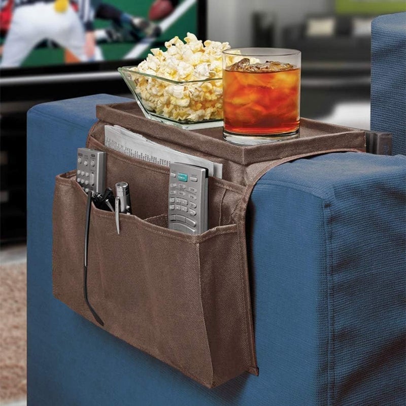 Holiberty Sofa Armrest Organizer with Cup Holder Tray Chair Arm TV Remote Holder for Recliner Couch Armchair Caddy Bedside Storage Pockets Bag for Cellphone Tablet Book Magazines Drinks Holder Pouch - Image 2
