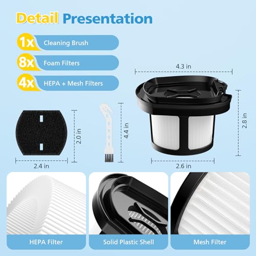 isingo 4 Pack 2284W 2390A Vacuum Replacement Filter Compatible with Bissell Pet Hair Eraser Hand Vacuum 2284W, 2390, 2390A, 2579, 2389, Part # 1614212 1614203 1614204, 4 Mesh Filters and 8 Foam Filters - Image 5