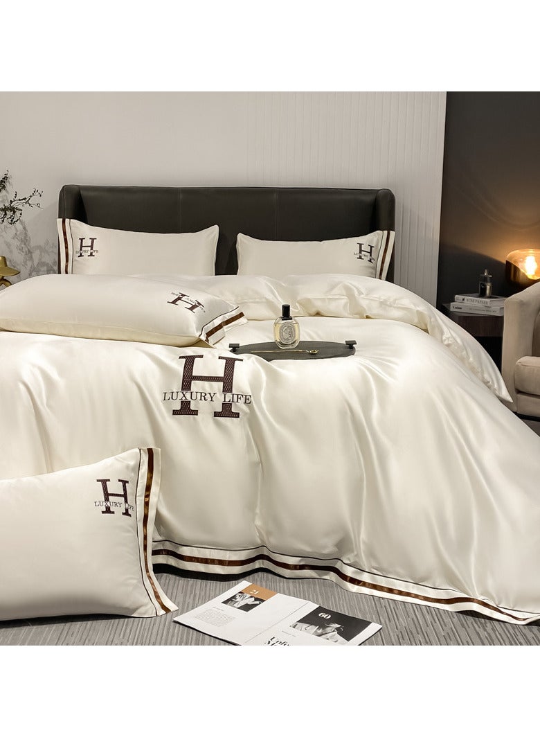 Satin Bed Sheets Soft 4PCS Sheet Set Cooling Silk Bedding Set with Deep Pocket Fitted Sheet Quilt Cover and Pillowcase (Beige) - Image 1