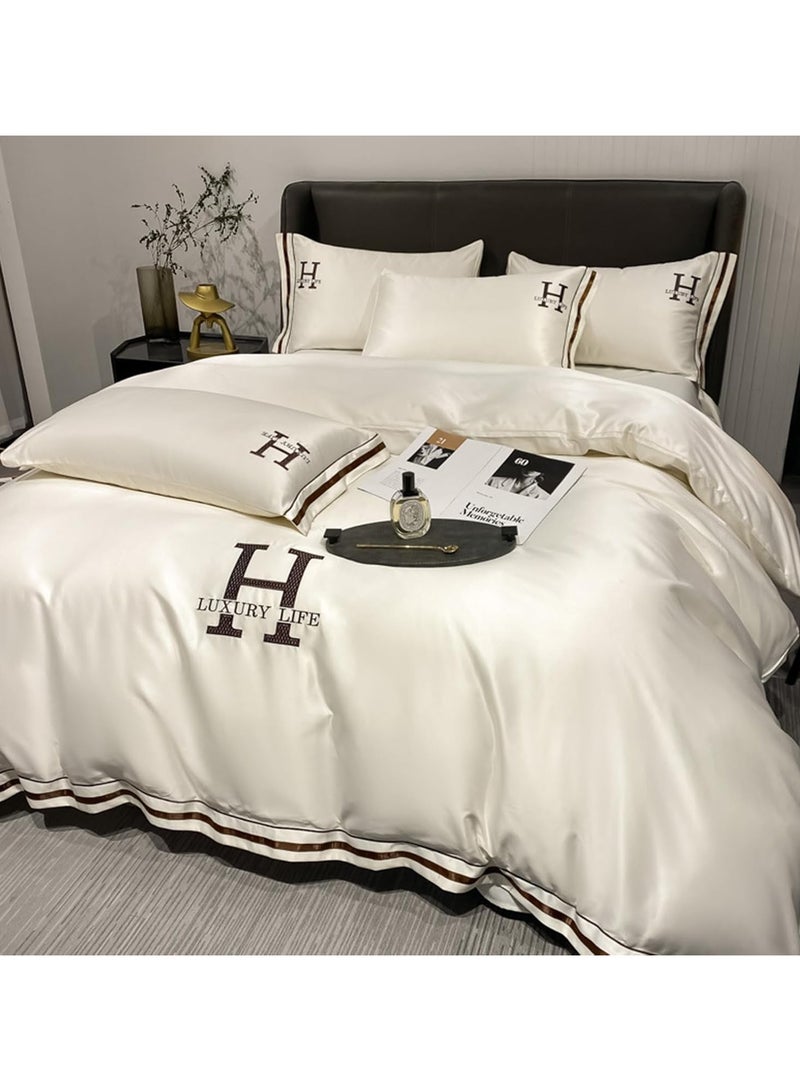 Satin Bed Sheets Soft 4PCS Sheet Set Cooling Silk Bedding Set with Deep Pocket Fitted Sheet Quilt Cover and Pillowcase (Beige) - Image 2