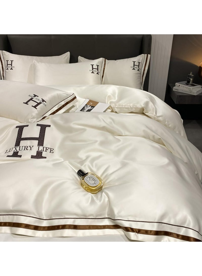 Satin Bed Sheets Soft 4PCS Sheet Set Cooling Silk Bedding Set with Deep Pocket Fitted Sheet Quilt Cover and Pillowcase (Beige) - Image 4