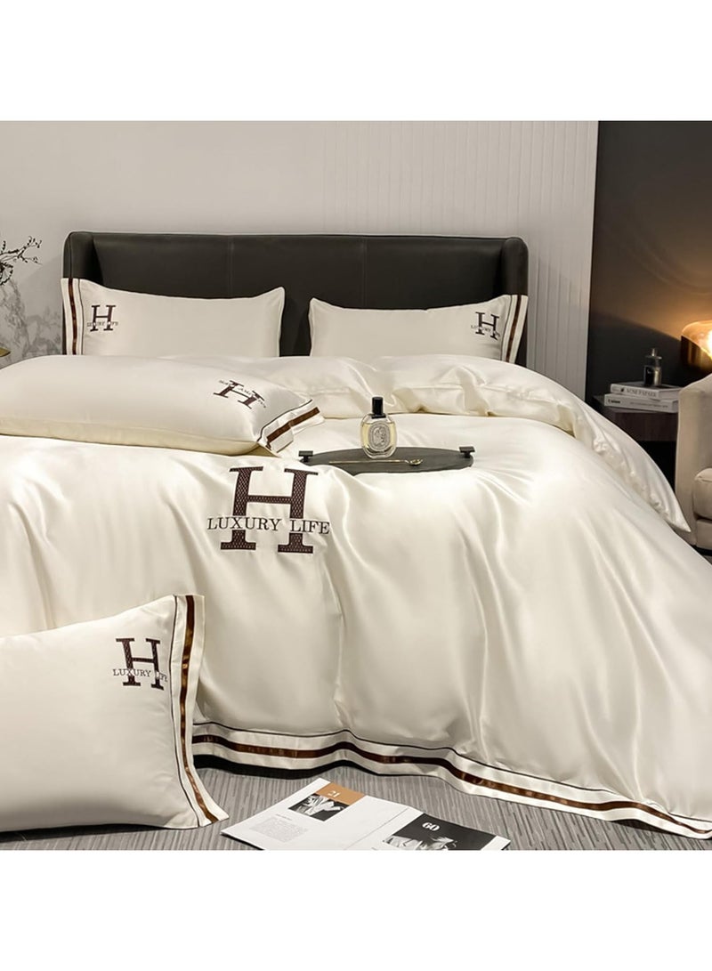 Satin Bed Sheets Soft 4PCS Sheet Set Cooling Silk Bedding Set with Deep Pocket Fitted Sheet Quilt Cover and Pillowcase (Beige) - Image 5