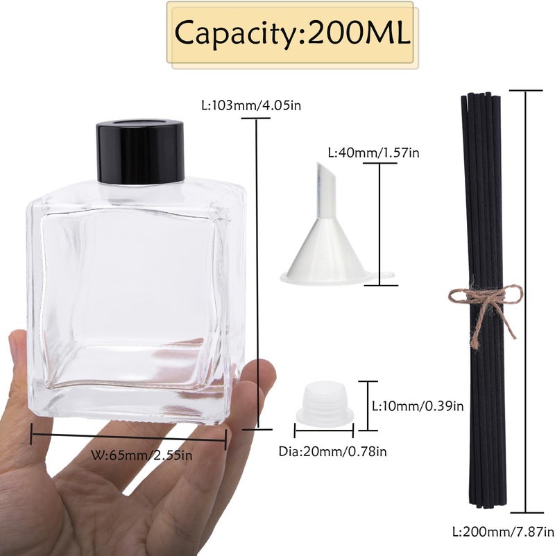 Agidea 4PCS Glass Diffuser Bottles, Refillable Square Shape With 20pcs Reeds Sticks, Black Caps & Funnel, 4.05" High 200ml 7.05 fl oz. Jars for Home Oil Fragrance Decoration - Image 3
