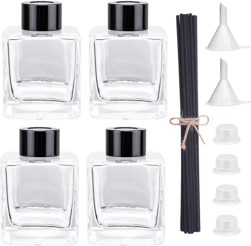 Agidea 4PCS Glass Diffuser Bottles, Refillable Square Shape With 20pcs Reeds Sticks, Black Caps & Funnel, 4.05" High 200ml 7.05 fl oz. Jars for Home Oil Fragrance Decoration - Image 1