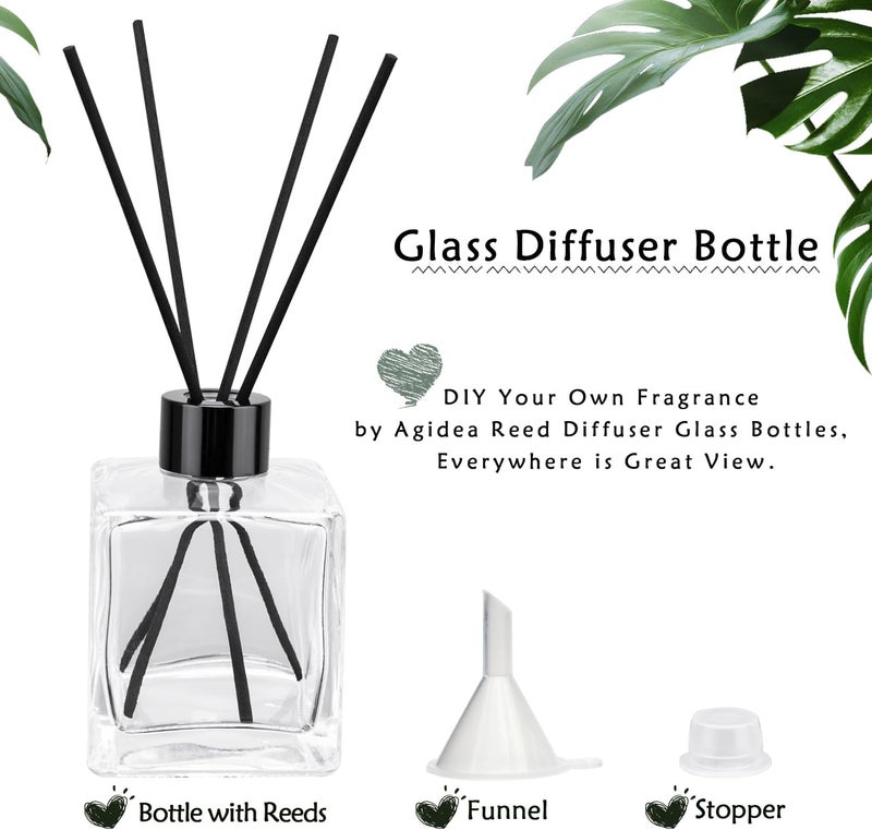 Agidea 4PCS Glass Diffuser Bottles, Refillable Square Shape With 20pcs Reeds Sticks, Black Caps & Funnel, 4.05" High 200ml 7.05 fl oz. Jars for Home Oil Fragrance Decoration - Image 2