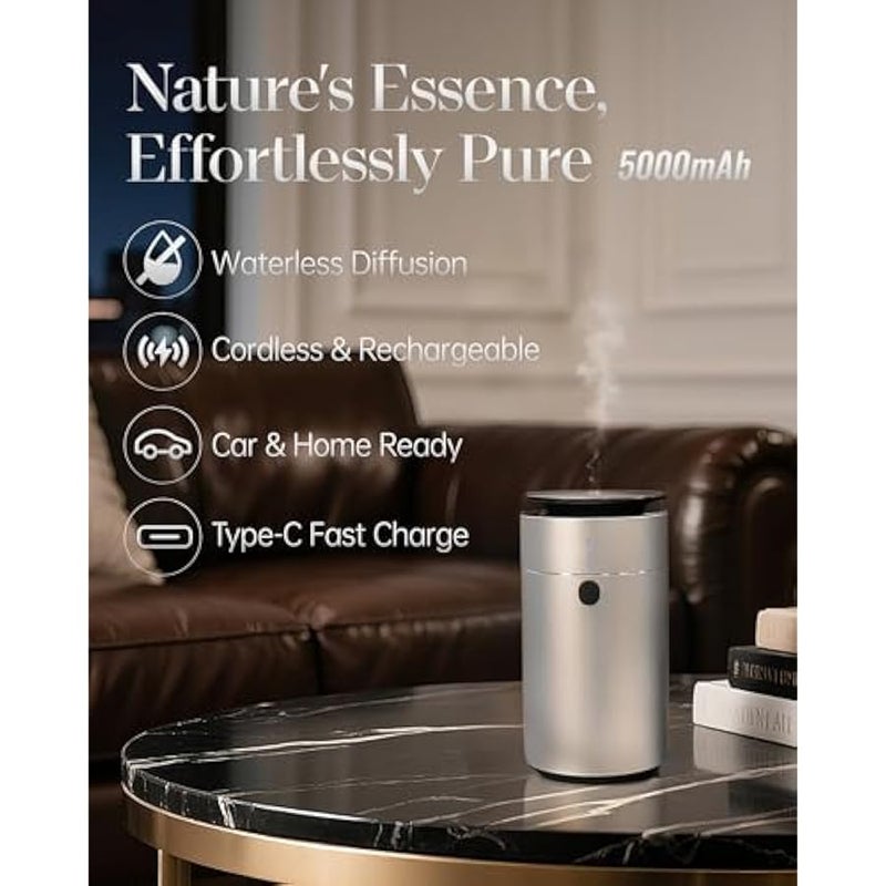معطر هواء أساسي بدون ماء، معطر هواء للسيارة، معطر عطر يعمل بالبطارية، معطر رائحة للمنزل، تشغيل/إيقاف تلقائي ذكي، 3 أوضاع رذاذ، مثالي للغرفة، المكتب، السفر، فضي - Image 3