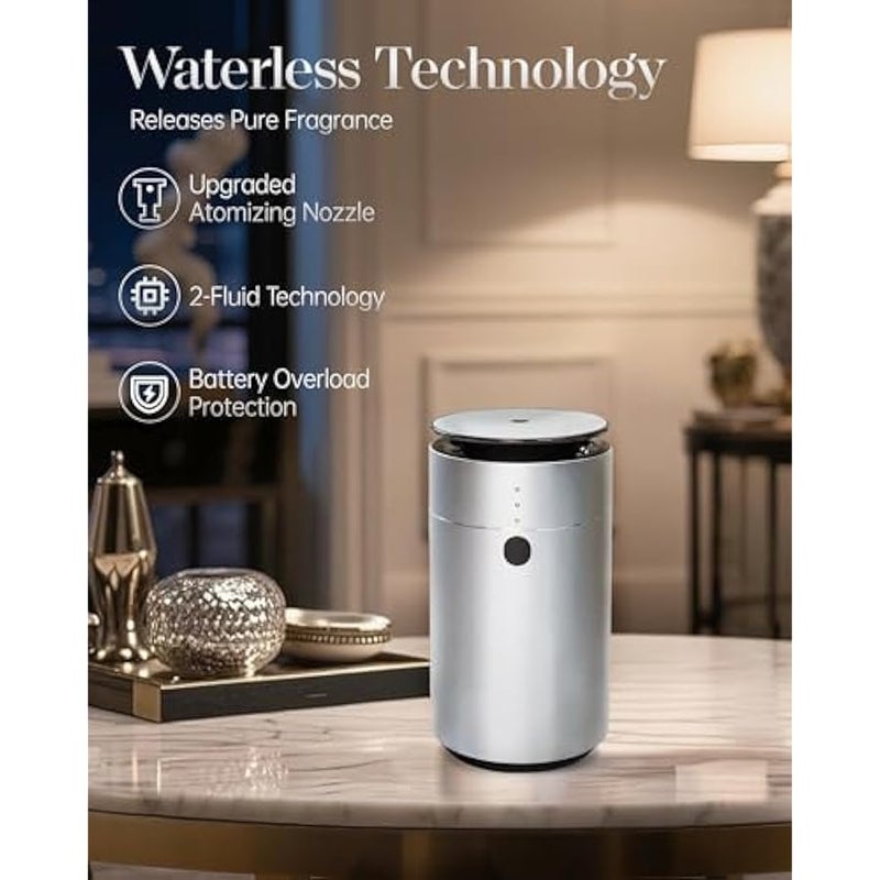 معطر هواء أساسي بدون ماء، معطر هواء للسيارة، معطر عطر يعمل بالبطارية، معطر رائحة للمنزل، تشغيل/إيقاف تلقائي ذكي، 3 أوضاع رذاذ، مثالي للغرفة، المكتب، السفر، فضي - Image 4