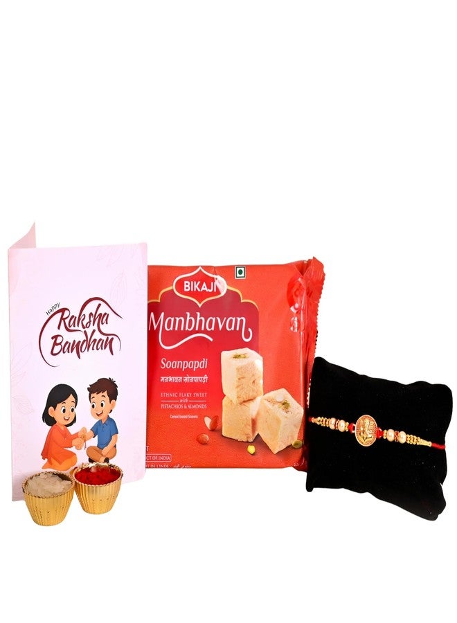 Poorak Religious Assorted Set – Includes 1 Rakhi, 200 gm Son Papdi, Roli Chawal & Greeting Card - Image 1
