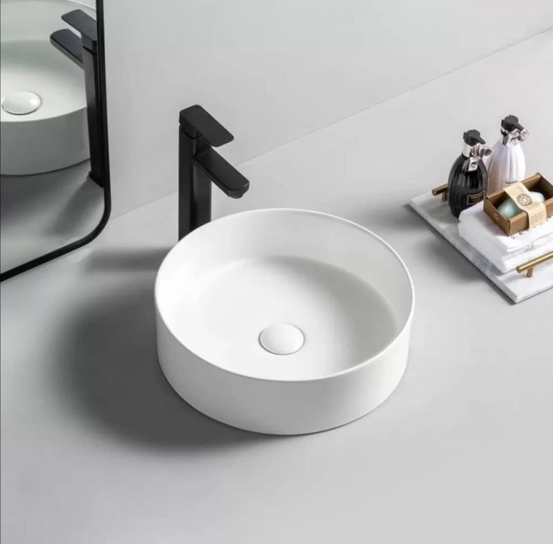 REMOTION Ceramic Table Top Wash Basin Vessel Sink Over Counter Basin Designer Counter Top Wash Basin For Bathroom Living Room Round Shape White Glossy Basin 12 X 12 X 5 Inch - Image 1