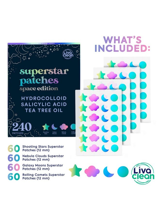 LivaClean - 240 Ct Holographic Cute Acne Patches Space Edition W/Salicylic Acid & Tea Tree Oil For Face Hydrocolloid Star Pimple Patches - Image 1
