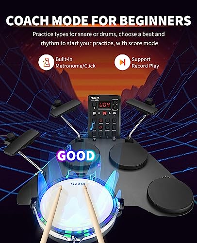 LEKATO Electronic Drum Set, Portable Electric Drum Set for Beginner with Quiet Mesh Snare Drum Pads, 220+ Sounds, USB MIDI, 2 Switch Pedal, Electric Drum Kit with Sticks, Travel Bag - Image 4