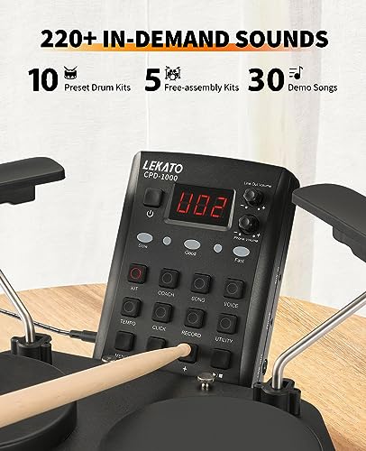 LEKATO Electronic Drum Set, Portable Electric Drum Set for Beginner with Quiet Mesh Snare Drum Pads, 220+ Sounds, USB MIDI, 2 Switch Pedal, Electric Drum Kit with Sticks, Travel Bag - Image 2
