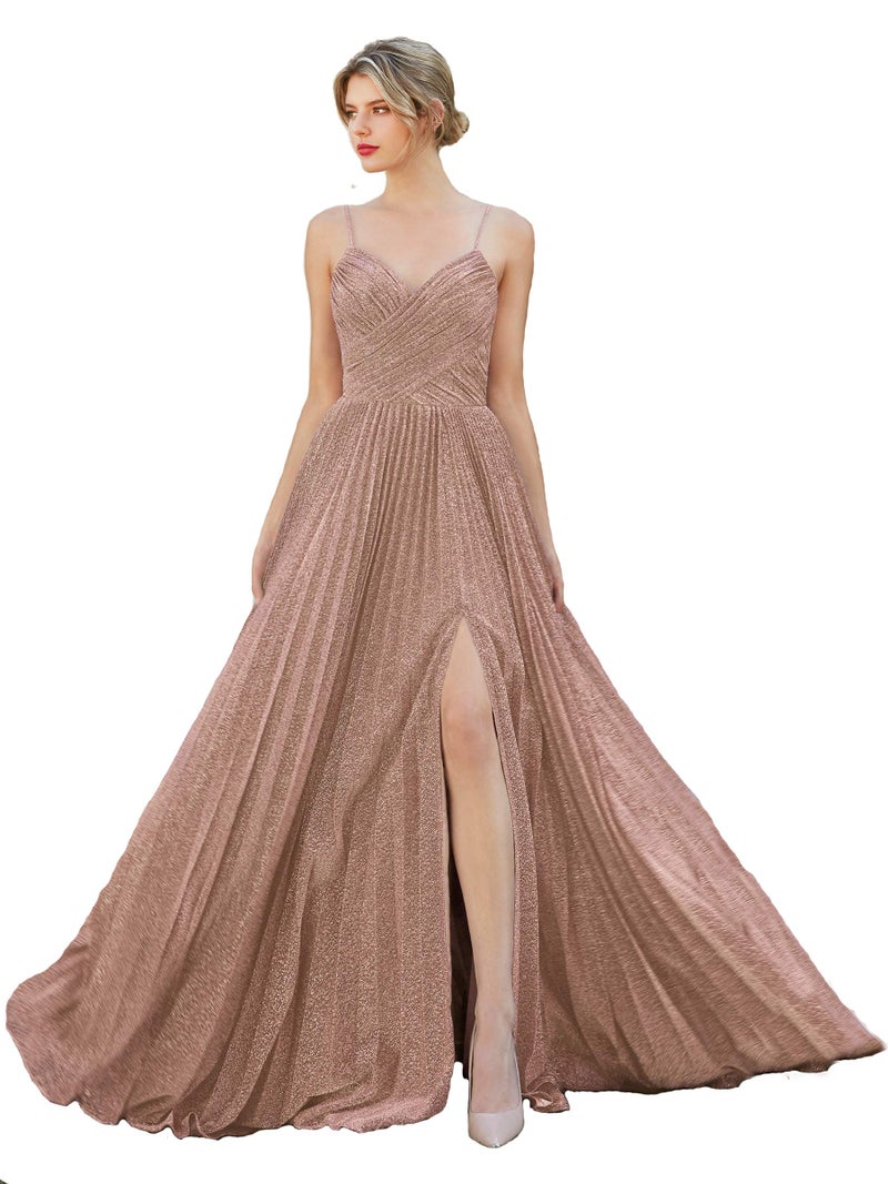 Meier Womens Metallic Glitter Pleated Long Prom Formal Dress Rose Gold 14