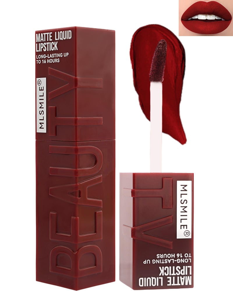 Matte Liquid Lipstick for Women 1Pcs Highly Pigmented Color Lip Stain Tint Super Velvet Matte Lip Gloss Up to 16H Wear Long Lasting Waterproof Smudgeproof NonStick Cup Lip Makeup06 Wine Red
