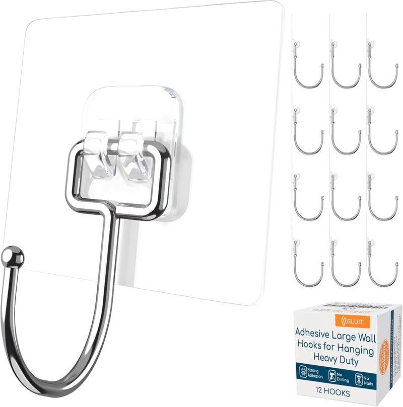 GLUIT Adhesive Large Wall Hooks for Hanging Heavy Duty 22 lbs Hooks for Walls No Damage, Towel Sticky Clear Hooks, Waterproof, Home, Bathroom, Kitchen, Office, and Outdoor 12 Pack - Image 1