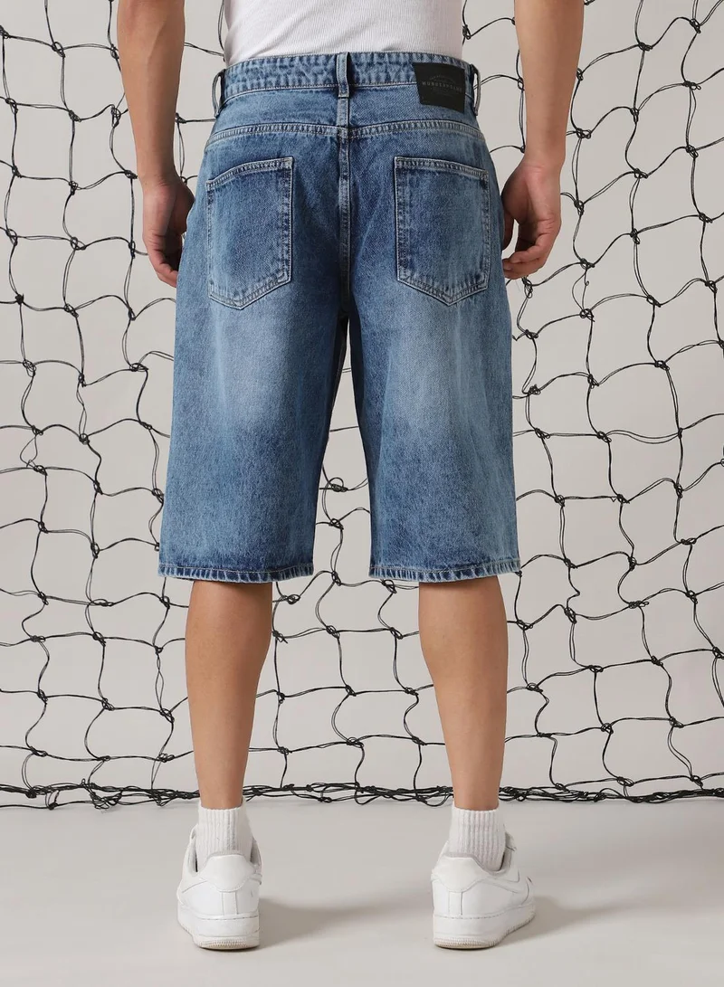 هوبرهولمي Men's Indigo 100% Cotton Distressed Cropped Loose Fit Shorts