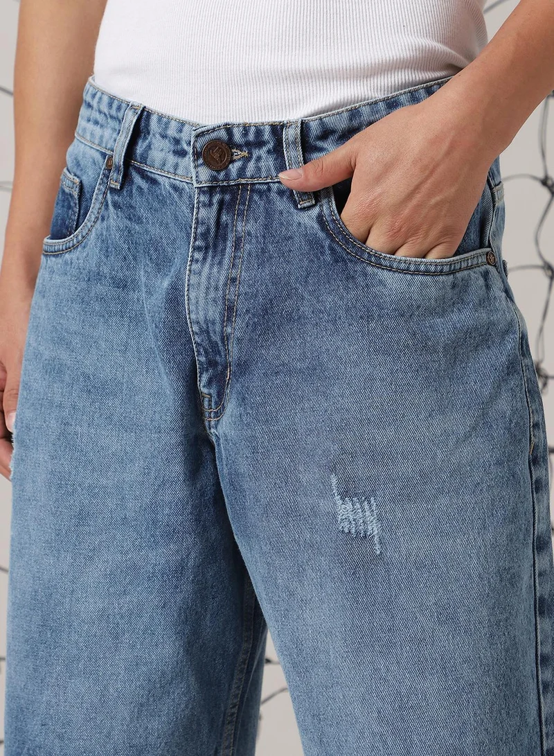هوبرهولمي Men's Indigo 100% Cotton Distressed Cropped Loose Fit Shorts